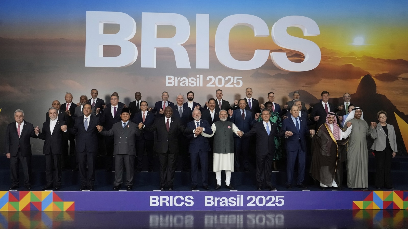 Prime Minister Narendra Modi during a group photograph with BRICS members partners and outreach invi