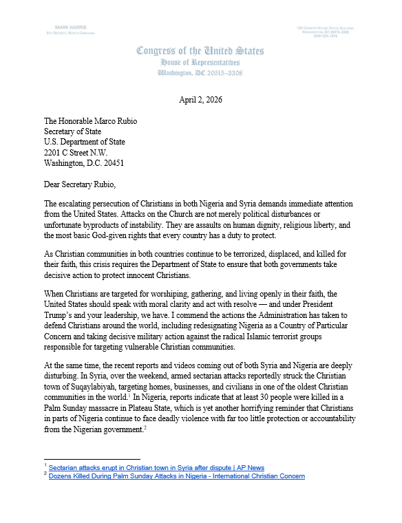 BREAKING: U.S. Lawmaker Urges Secretary Rubio To Impose Sanctions On Nigeria Over “Christian Killings”