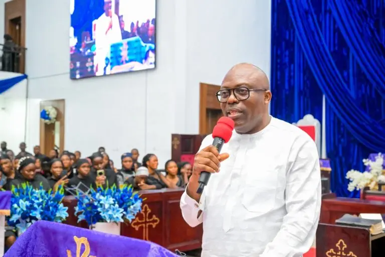 Gov. Siminalayi Fubara of Rivers during a Service Songs held in hounor of Sen. Barinada Mpigi