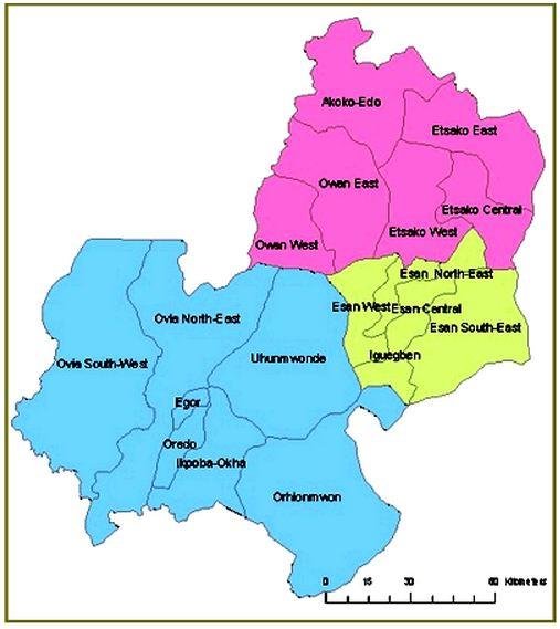 Map of Edo State showing the 18 Local Government Areas wwwnigerianmusecom