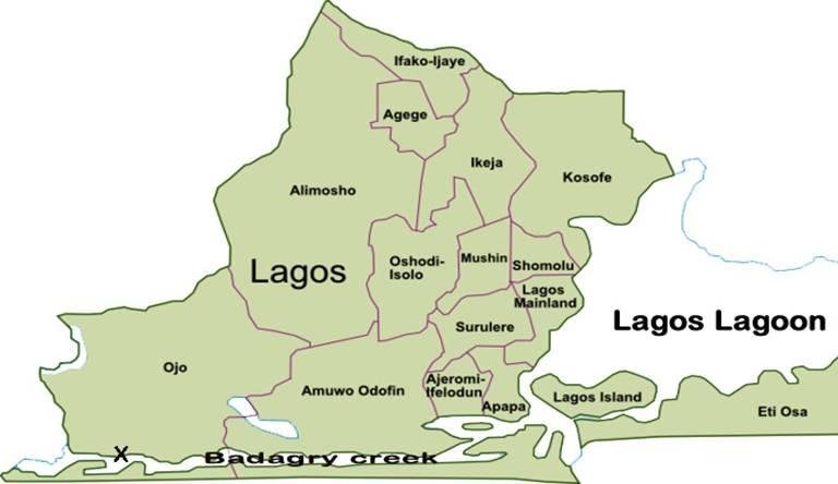 Map of Lagos State Nigeria showing Badagry creek 1