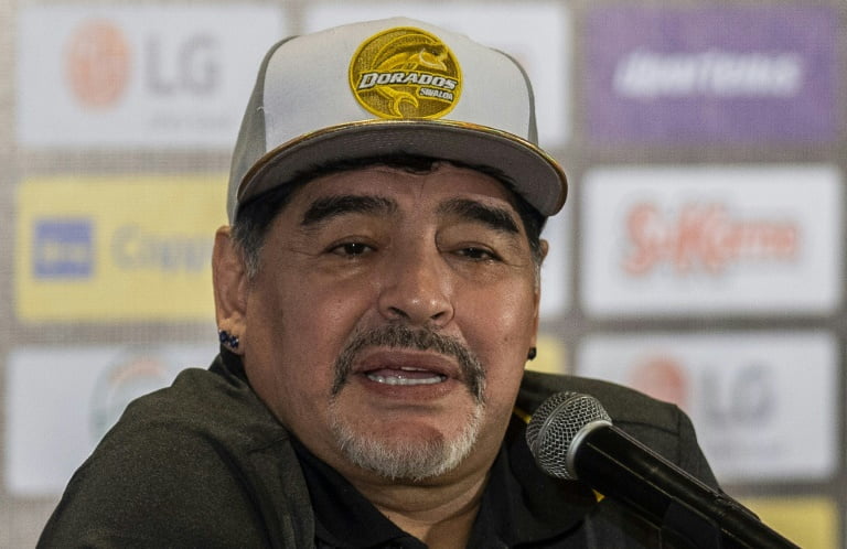 The legend of Argentine football Diego Maradona new coach of the Mexican club Dorado Sinaloa in a pr