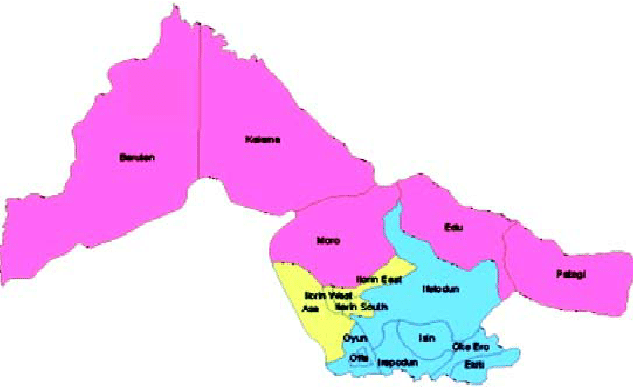 The map of Kwara State showing the sixteen LGAs including Patigi LGA