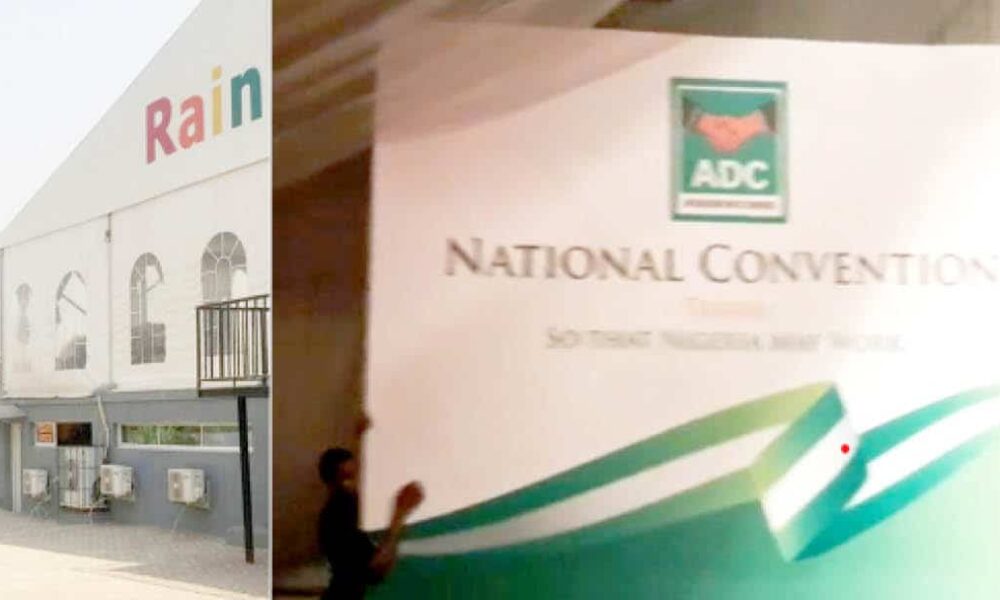 Workers fixing banner at the venue of the African Democratic Congress ADC national convention in Abu