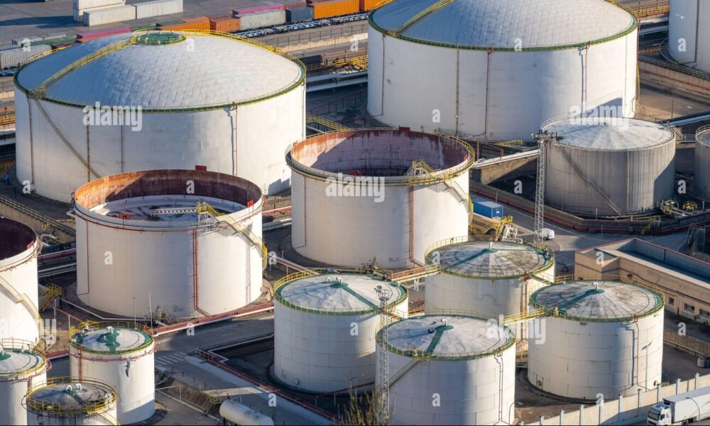 storage tanks for crude oil seen in the commercial port of barcelona 2HXJ5N6